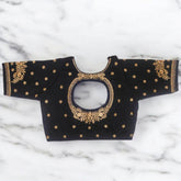 black golden zari thread embroidery work blouse back side design
