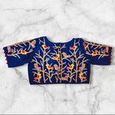 blue bird motif embroidery boat neck blouse