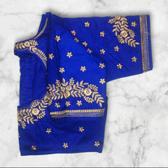 blue embroidery golden thread zari work blouse hand design