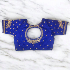 blue embroidery golden zari work boatneck blouse