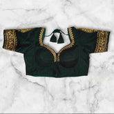 deep green bichitra silk blouse front design