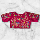 pink embroidery boat neck blouse back design