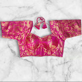 sabyasachi cut pink katan banarasi blouse