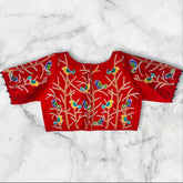 red boat neck bird motif blouse back and sleeves design