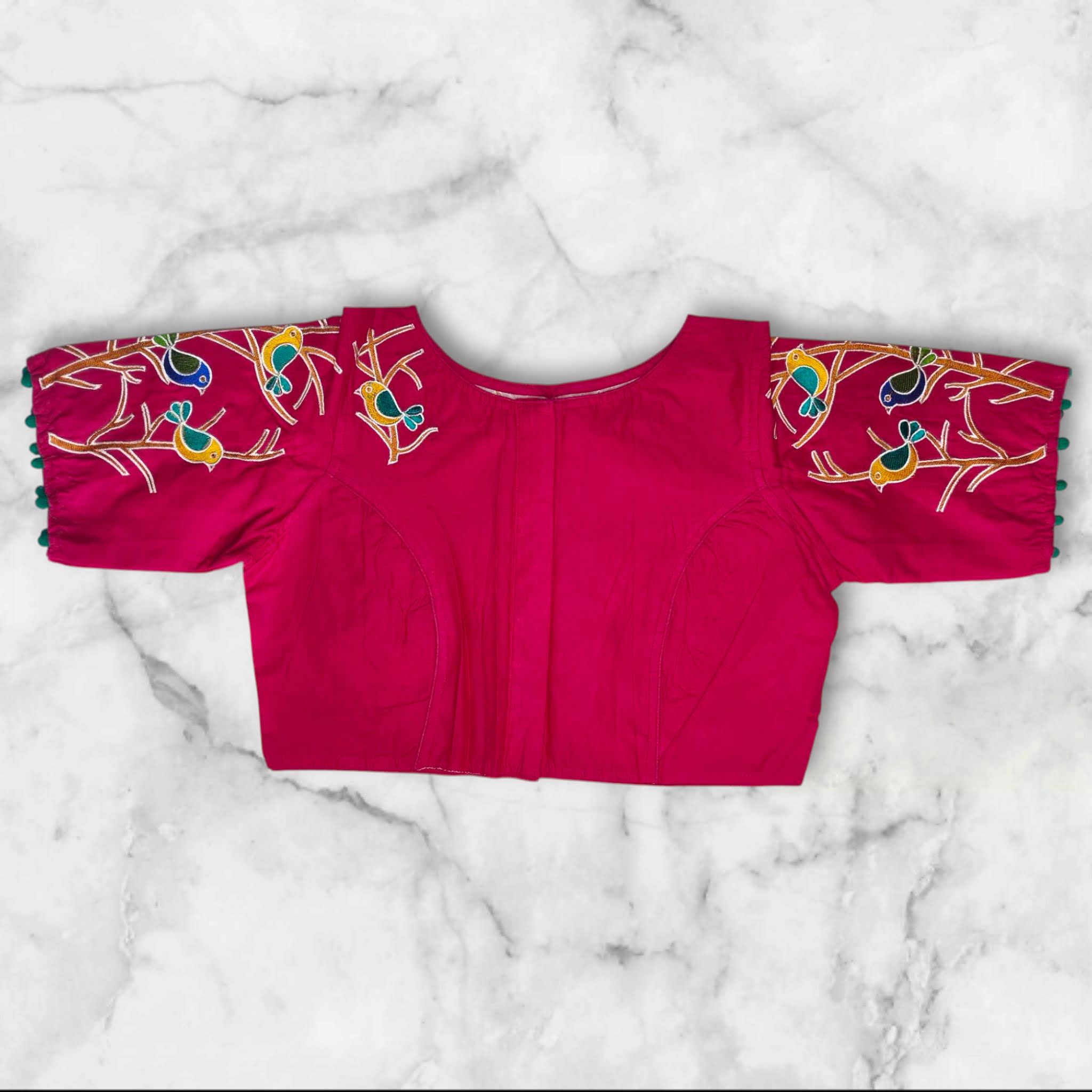 embroidery pink boat neck princes cut blouse front design