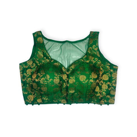 green  colour sleeves less banarasi 