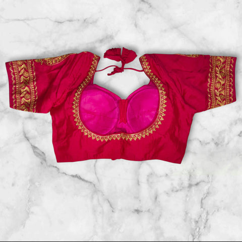 pink colour bichitra silk golden zari embroidery blouse back design