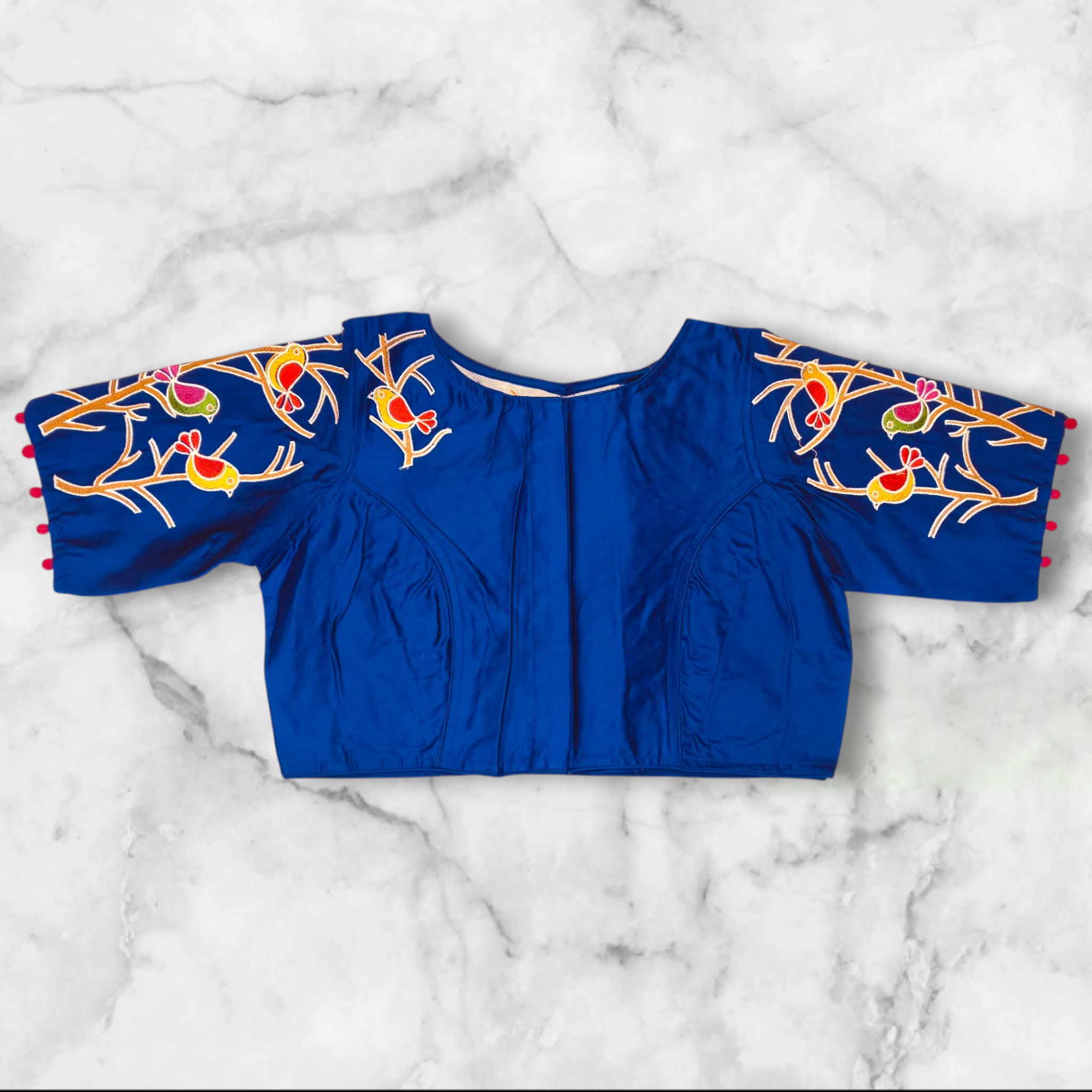 blue boat neck front bird design blouse