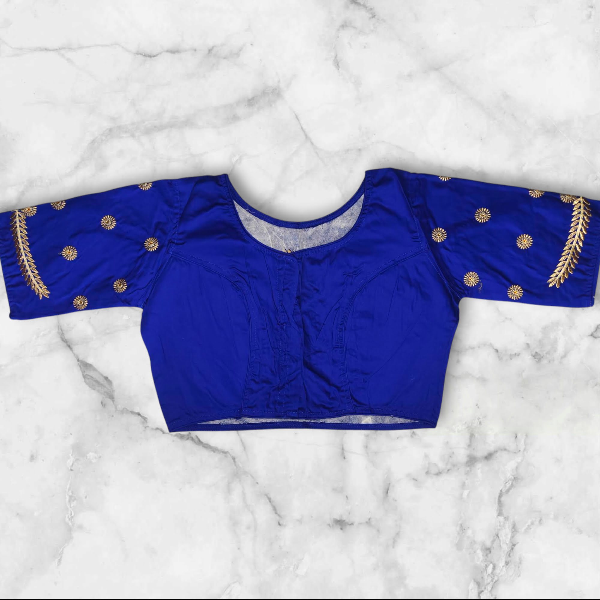 blue embroidery boat neck blouse
