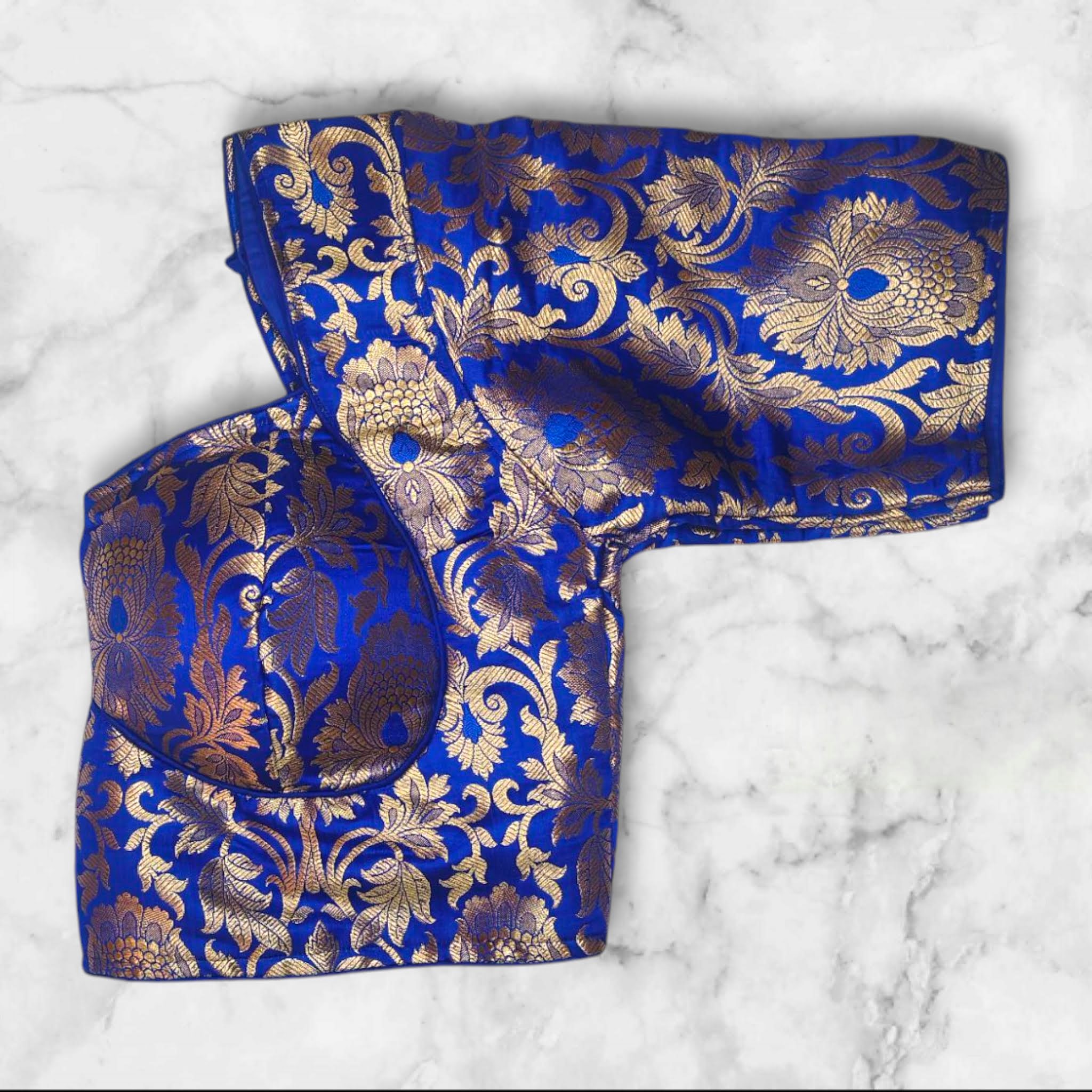 blue golden floral design katan banarasi blouse with pad
