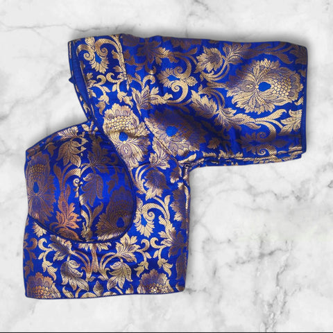 blue golden floral design katan banarasi blouse with pad