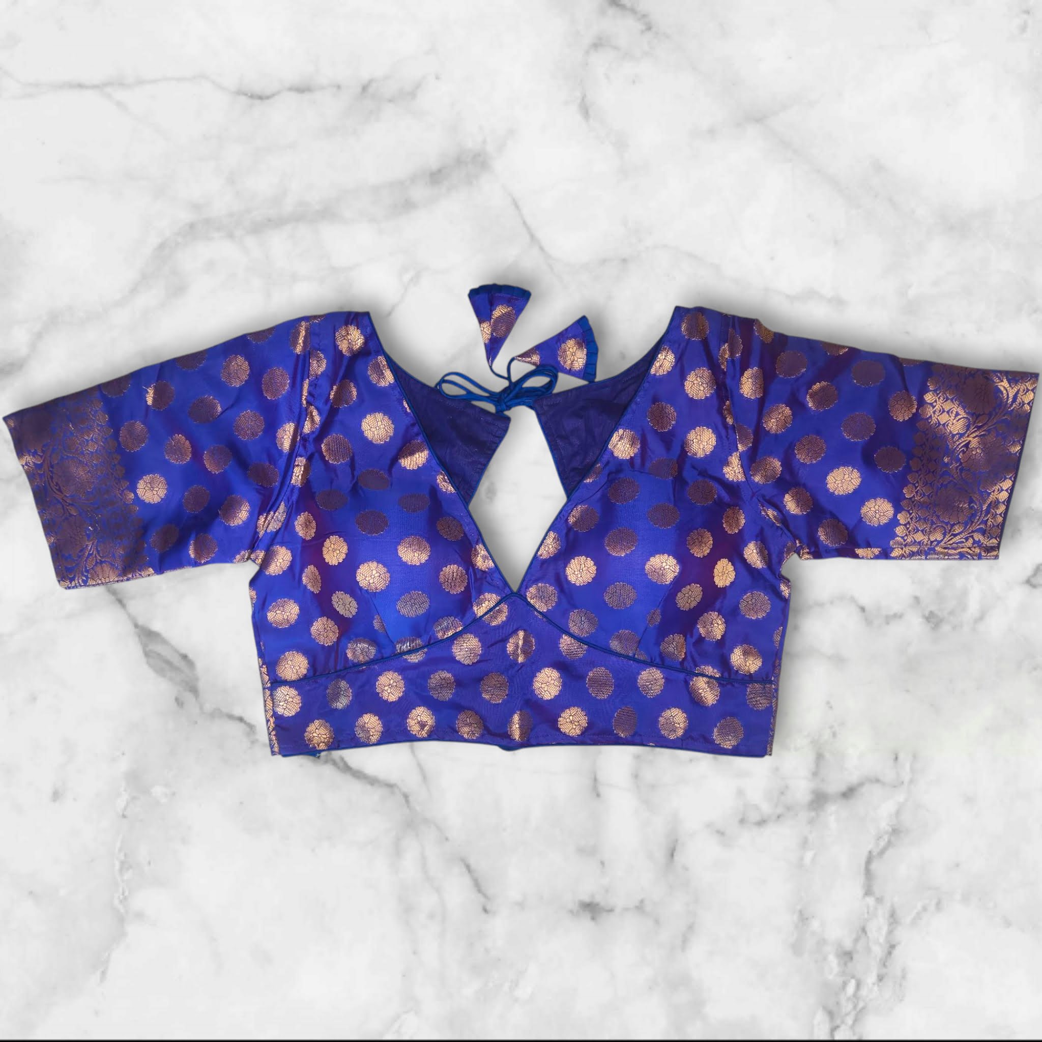 blue color padded golden work banarasi blouse