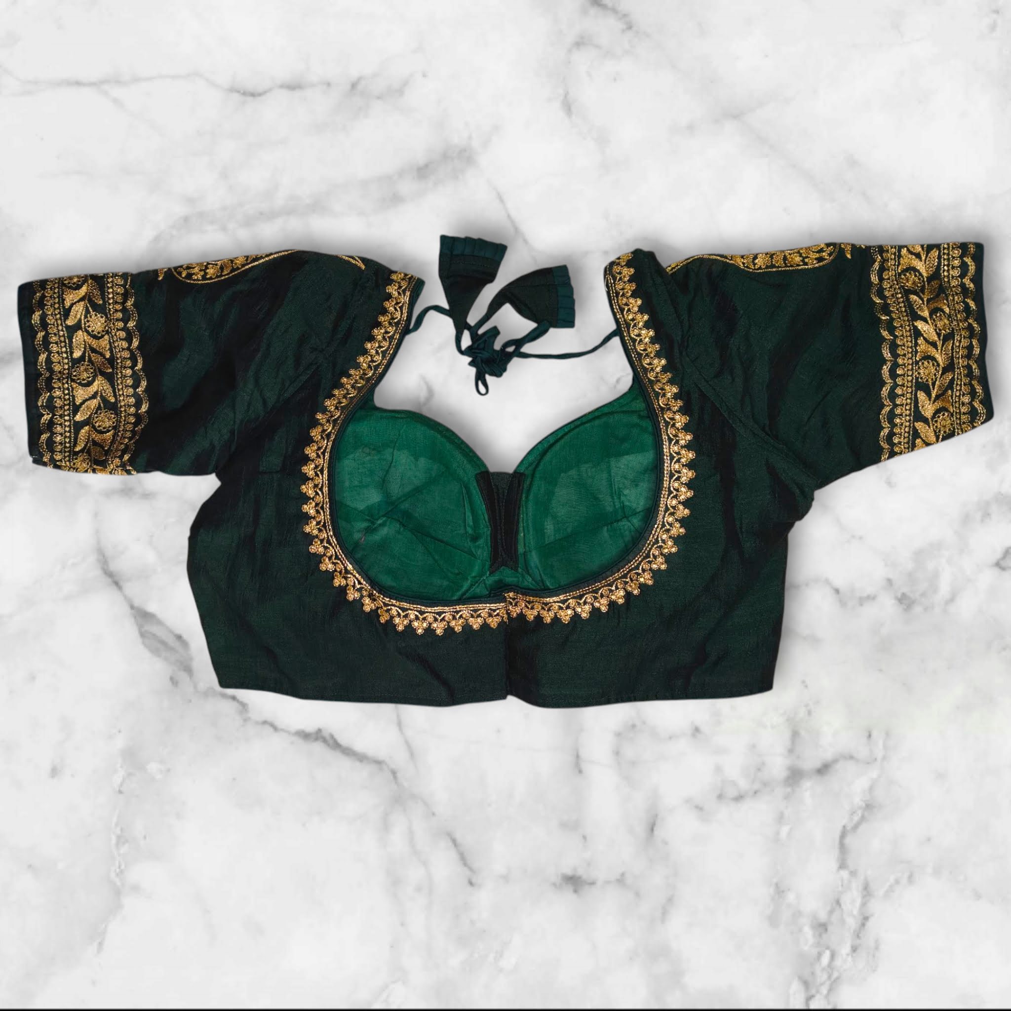 bottle green color vichitra silk blouse sabyasachi cut 