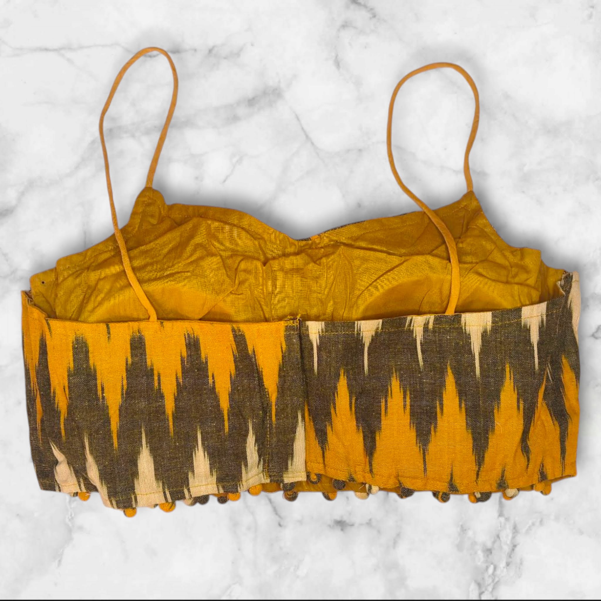 padded cotton lining noodle straps ikkat design yellow color blouse
