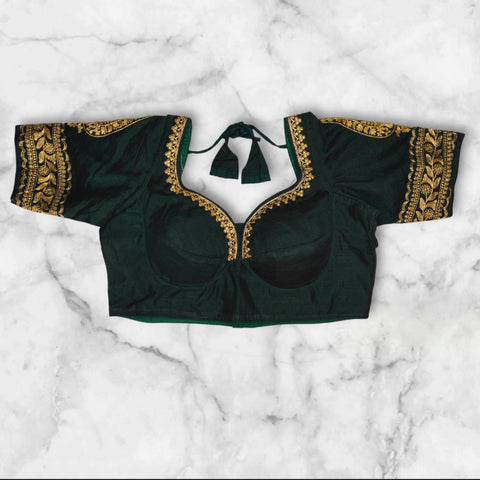 deep green bichitra silk blouse front design