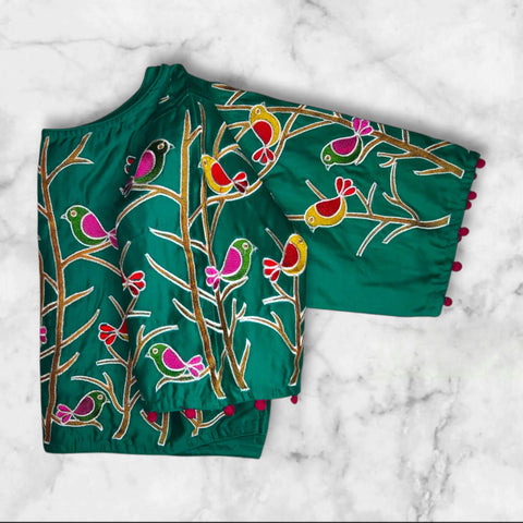 multi colour thread embroidery work boat neck blouse hand designs with pom pom