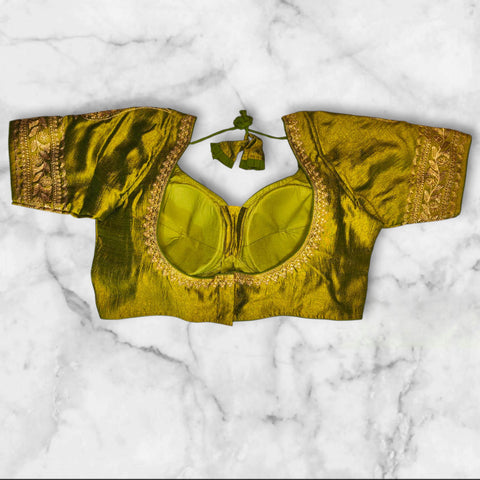 light green colour padded embroidery work blouse back design