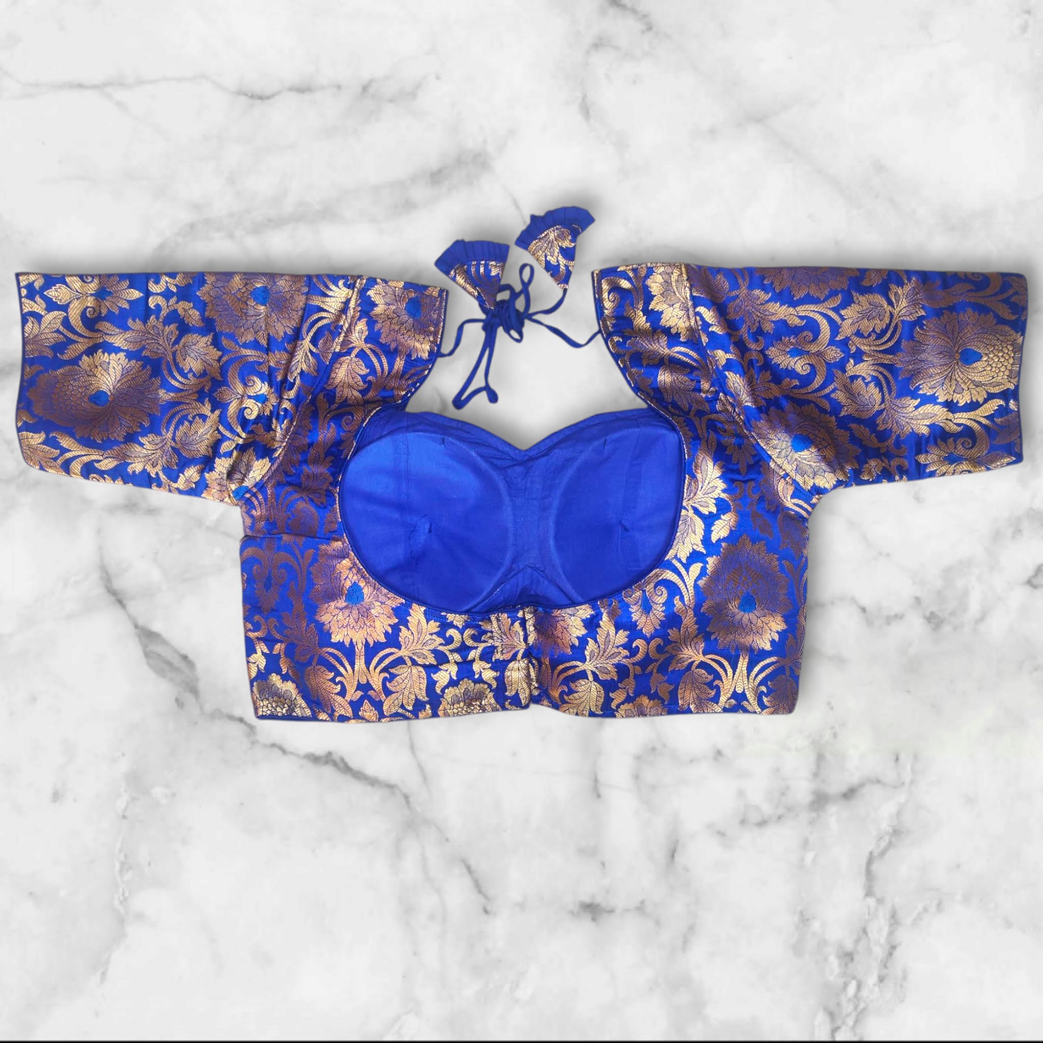blue golden floral design padded katan banarasi blouse with latkan