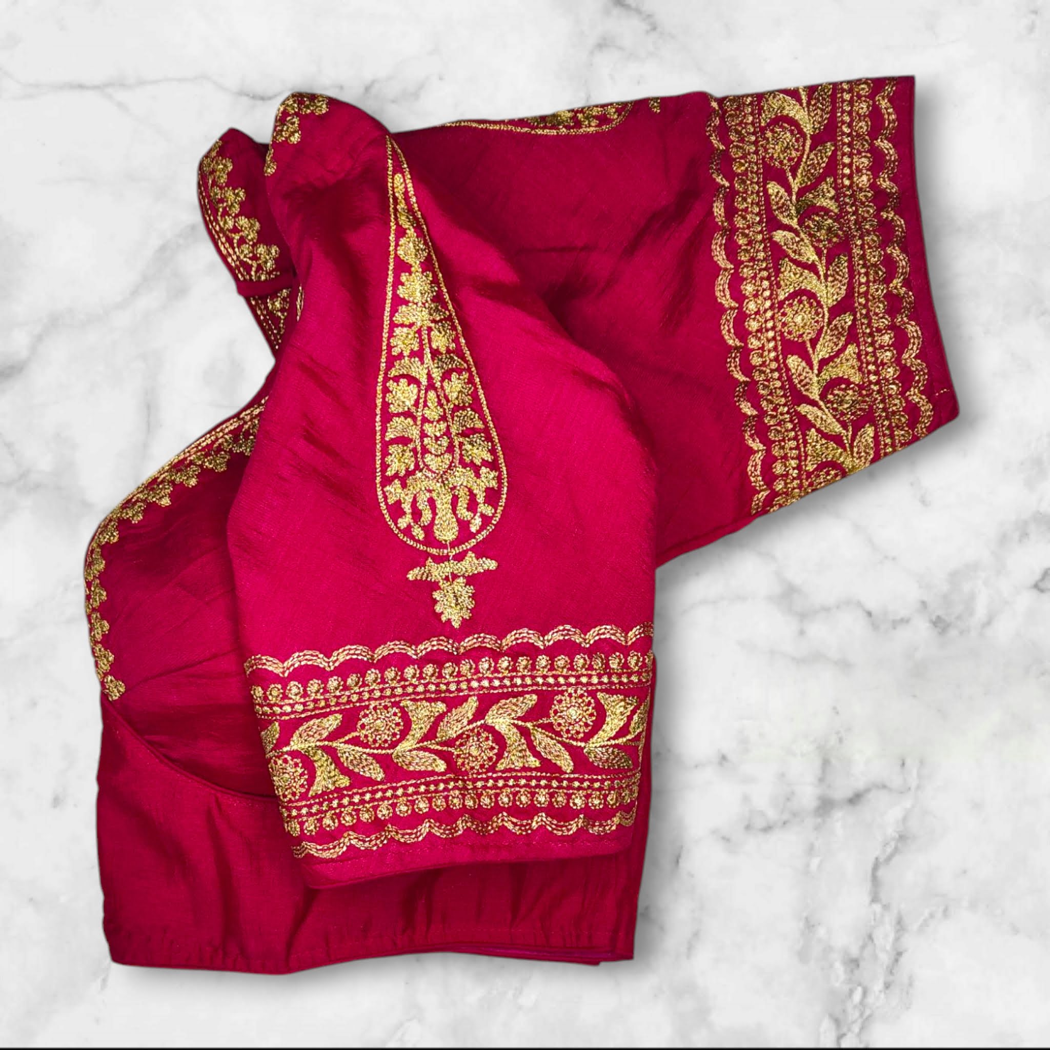 pink bichitra silk blouse hand design with golden zari embroidery