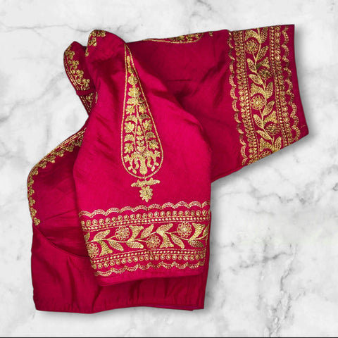 pink bichitra silk blouse hand design with golden zari embroidery