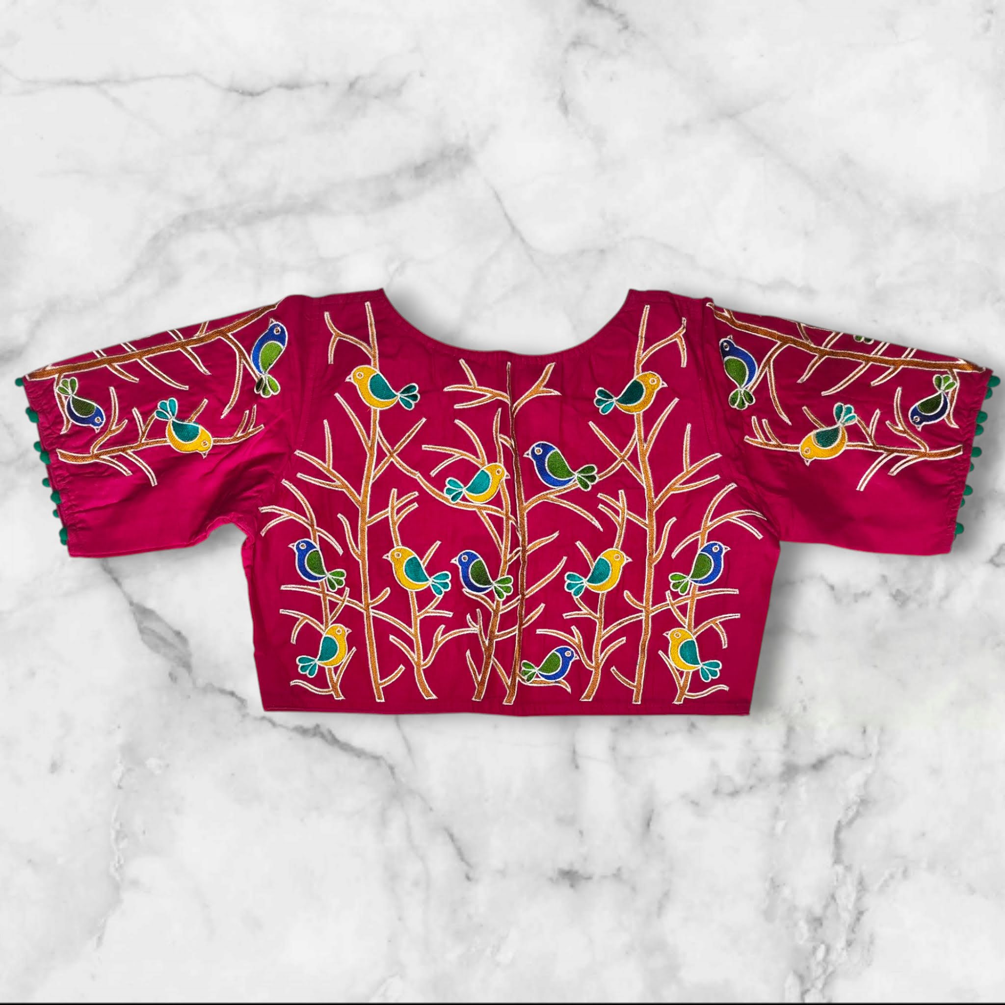 pink embroidery boat neck blouse back design