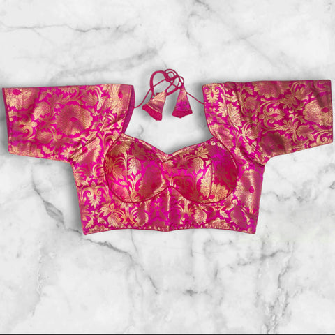 sabyasachi cut pink katan banarasi blouse
