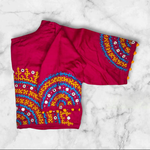 pink mirror work boat neck hand work blouse