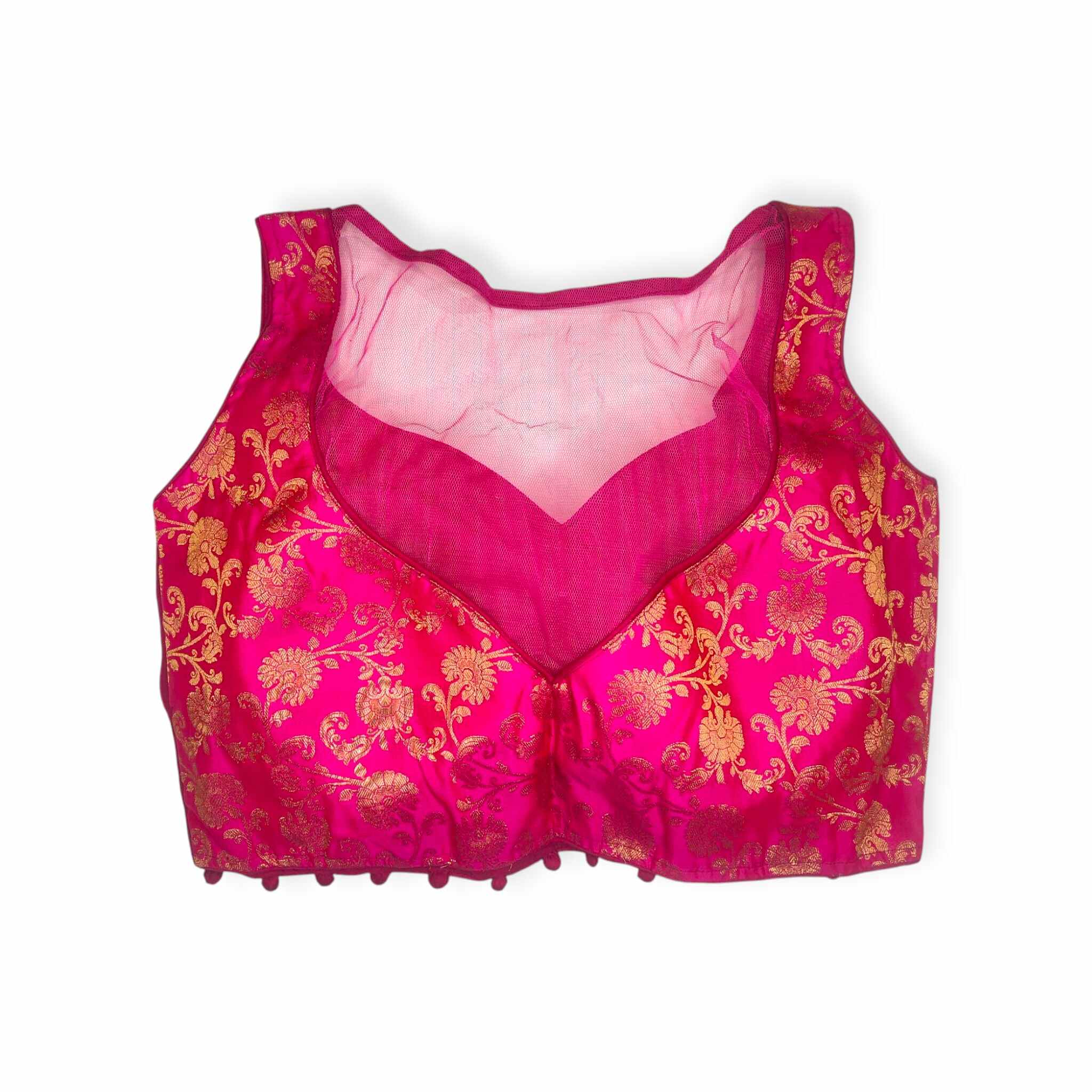 princess cut padded sleeveless banarasi blouse  back design