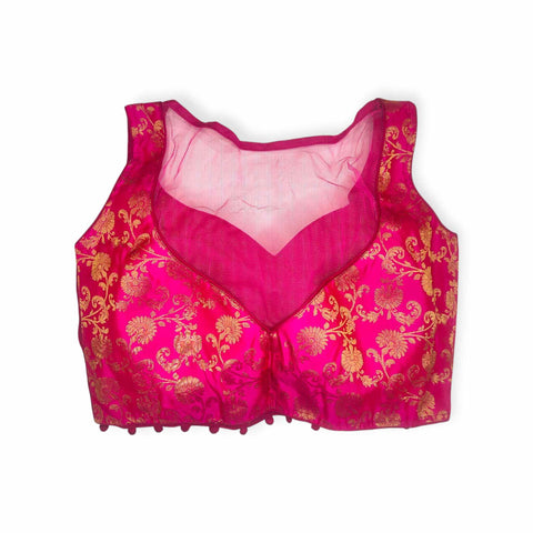 princess cut padded sleeveless banarasi blouse  back design