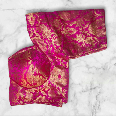 pink and golden zari floral padded katan banarasi blouse 