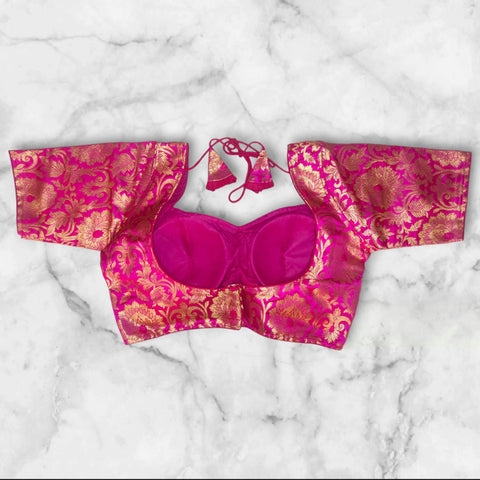 padded pink color golden floral design katan readymade blouse with latkan