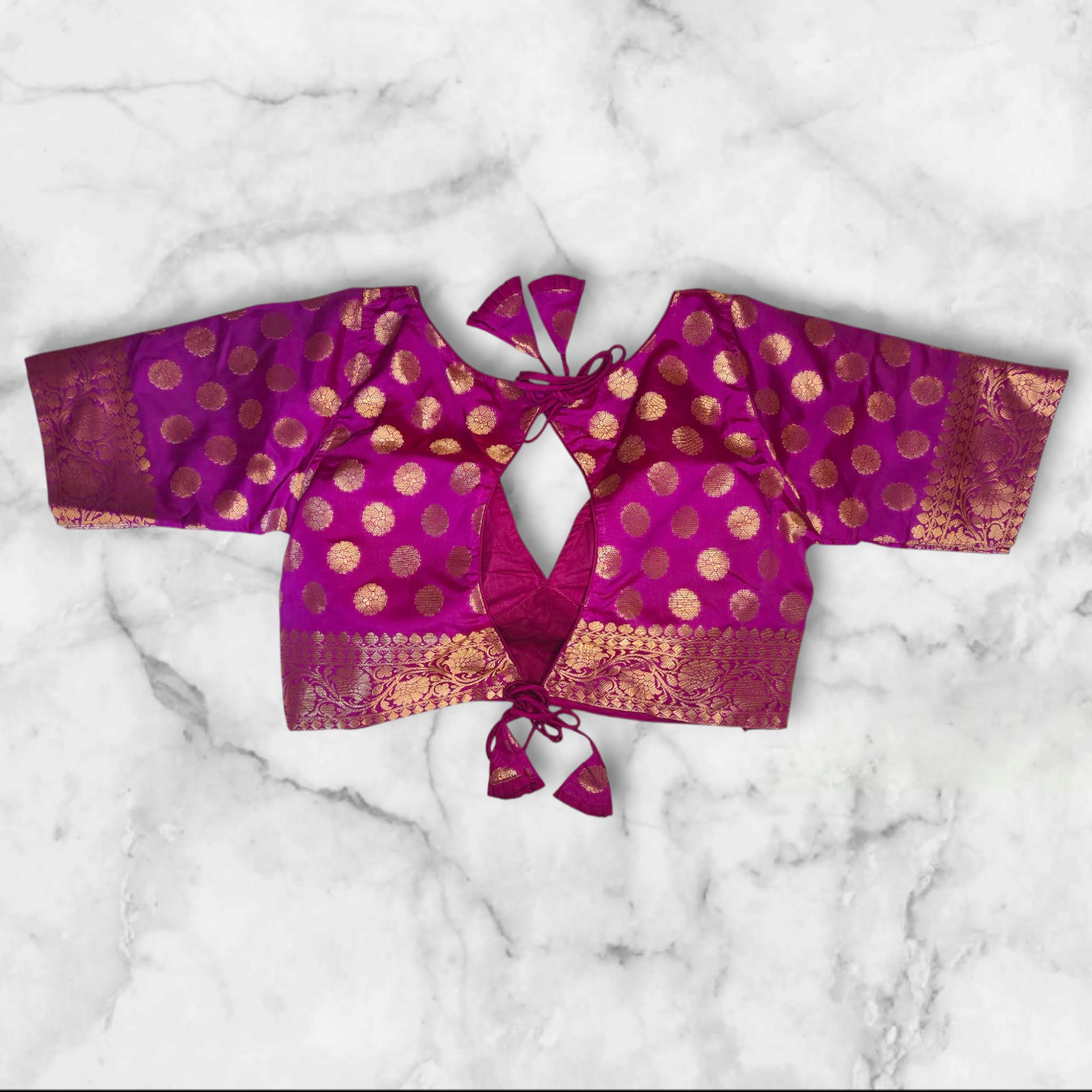 golden booti purple banarasi blouse with back tie closer