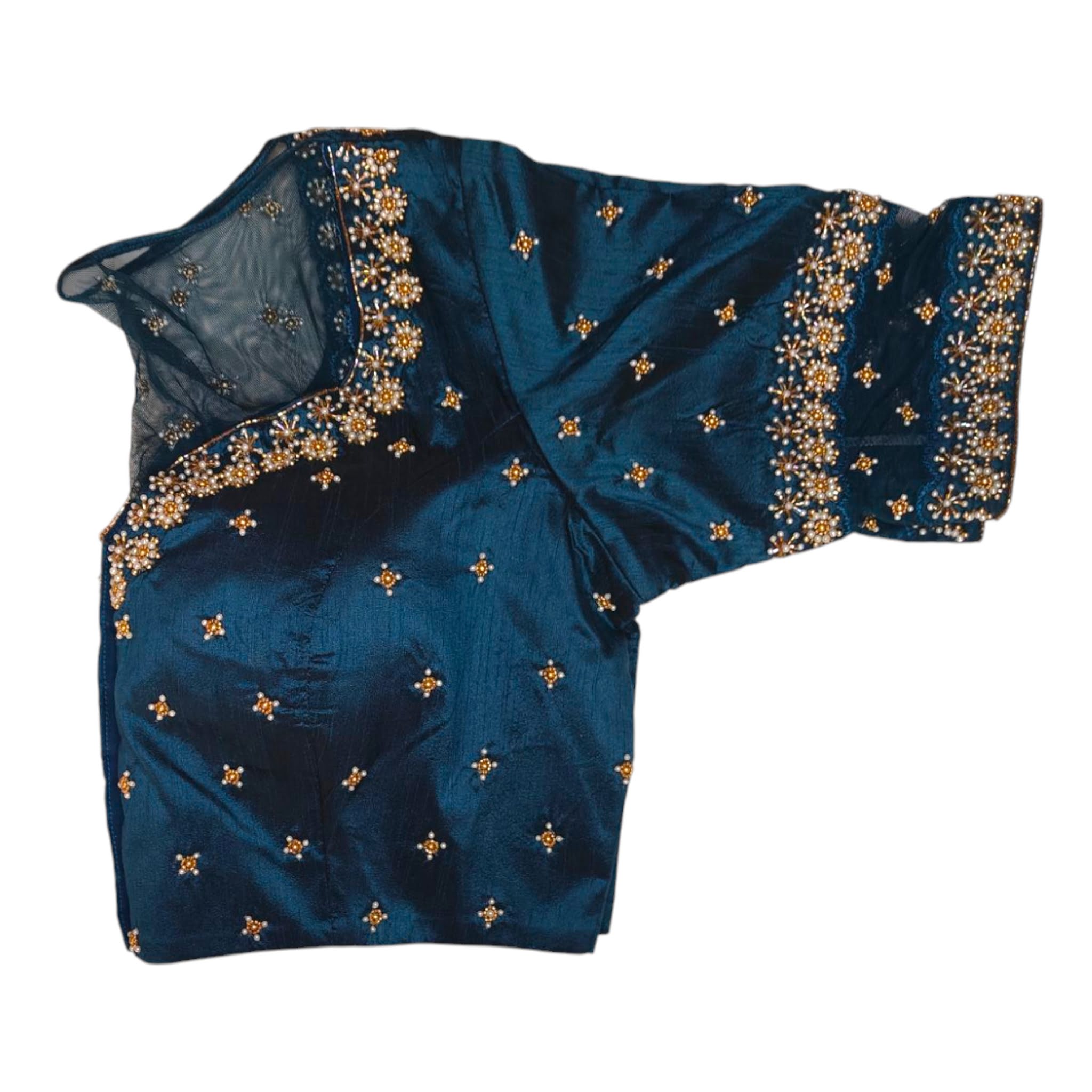 raw silk net fusion maggam work blouse hand design