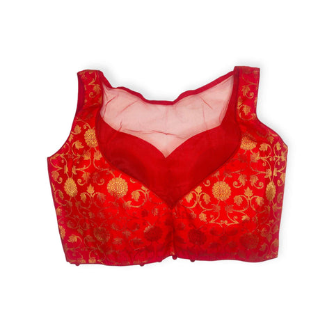 red sleeves less banarasi blouse back design