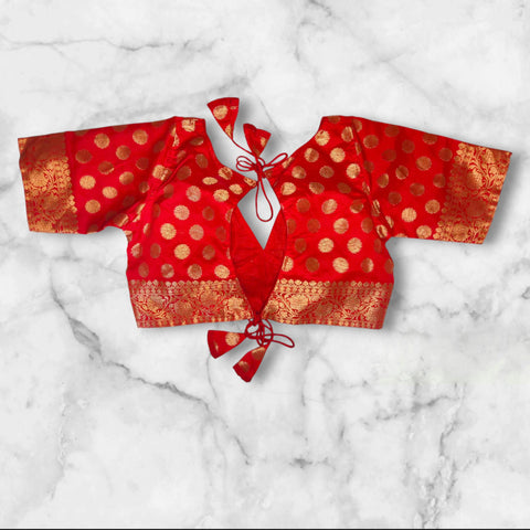 good looking red banarasi with golden booti design blouse