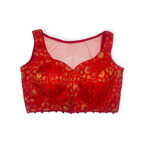 red color sleeves less banarasi  frontdesign
