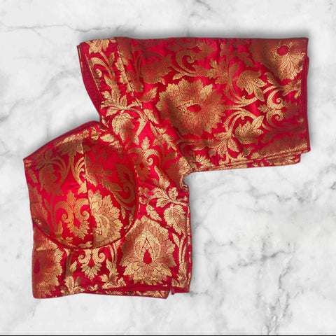 padded katan banarasi blouse red color floral design