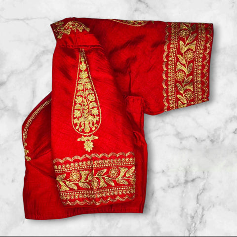 red vichitra silk blouse hand design