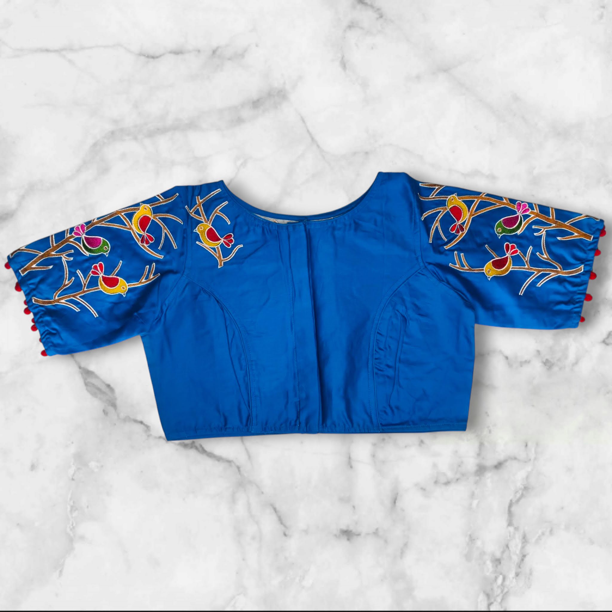 boat neck blouse with front hook and neck bird design