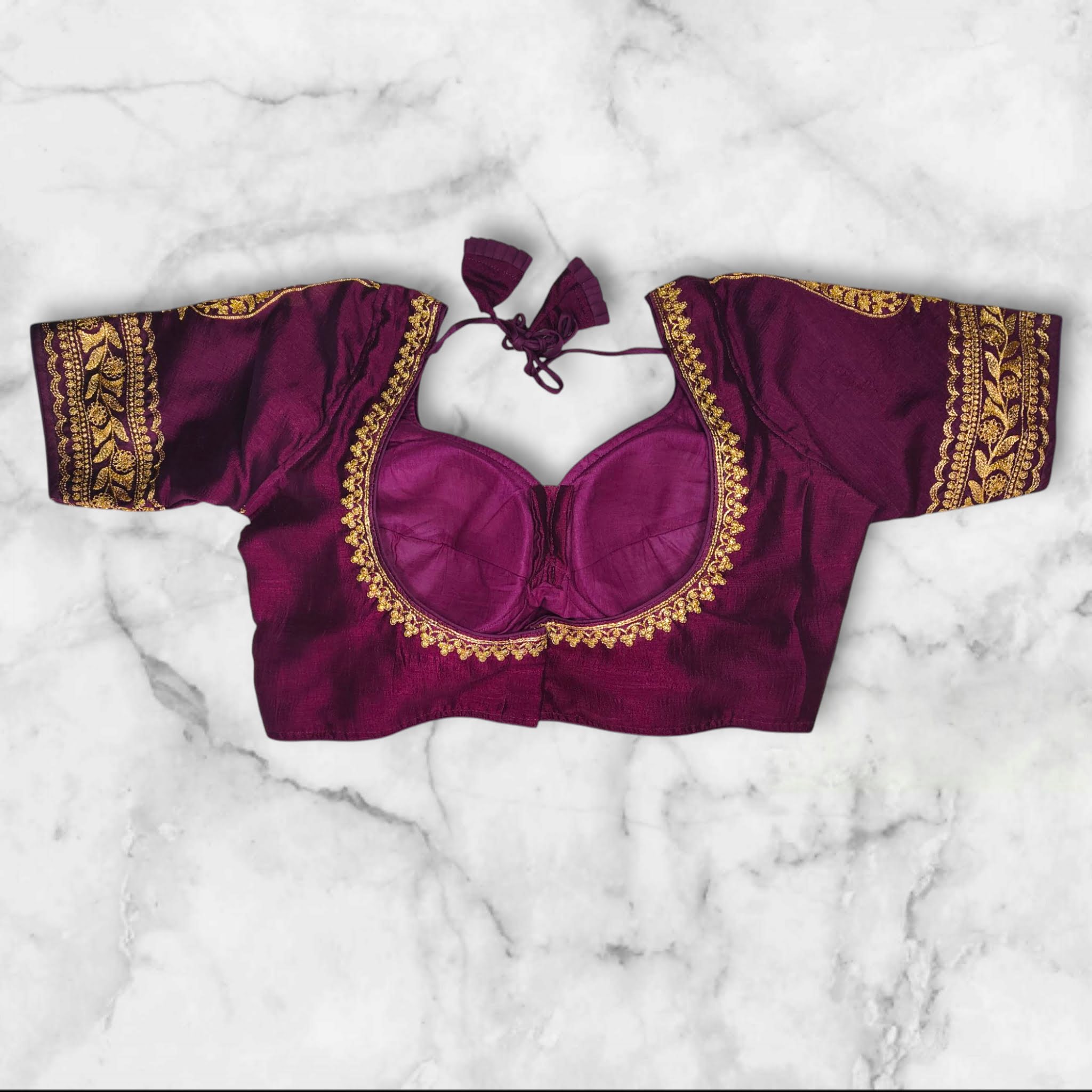 wine colour sabyasachi cut embroidery blouse back design