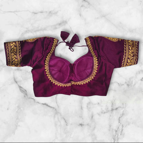 wine colour sabyasachi cut embroidery blouse back design
